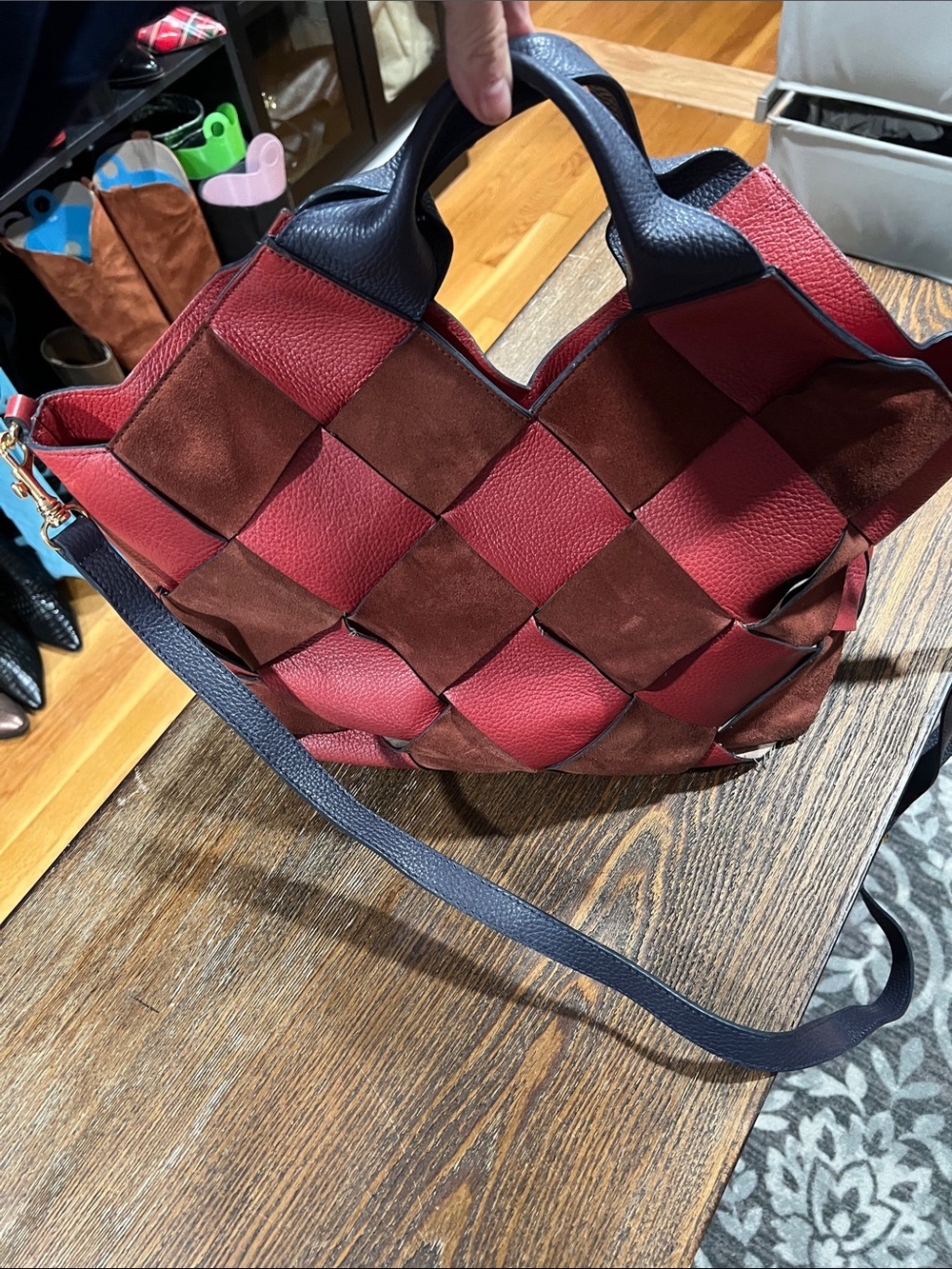 Woven Red & Brown Leather Shoulder Bag with Navy Strap